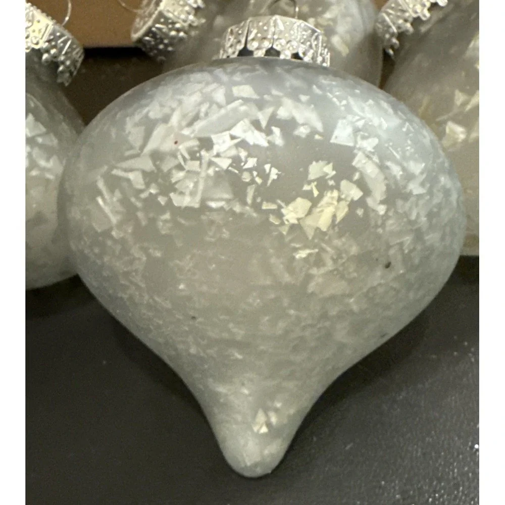 Christmas Holiday Silver Speckled Glass Teardrop Tree Ornaments Set‎ Of 4